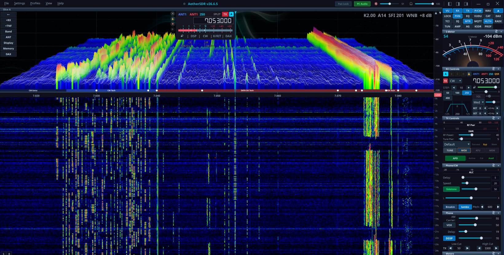 AetherSDR's 3D stacked-trace panadapter over the 40m band, with a live waterfall below and the full control surface