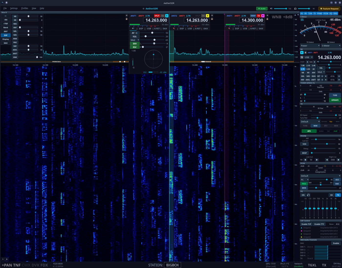 Three slices across the 20m band on a FLEX-8600 — split operation at 14.263 MHz plus a third slice at 14.300, over a live GPU waterfall